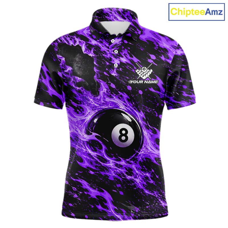 Fire Flame 8 Ball Pool Shirt For Men Custom Billiard League Team Polo & 1/4 Zip Jersey | Purple NYN4025