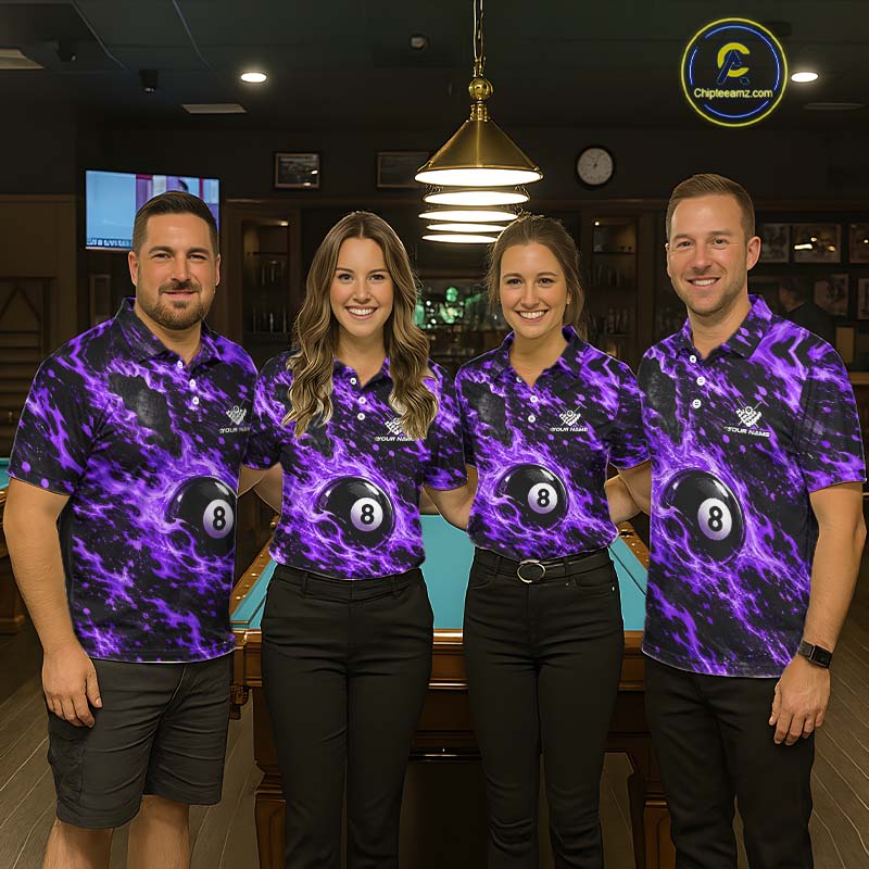 Fire Flame 8 Ball Pool Shirt For Men Custom Billiard League Team Polo & 1/4 Zip Jersey | Purple NYN4025