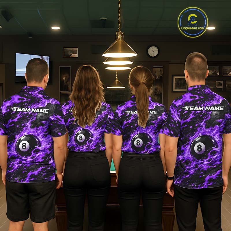 Fire Flame 8 Ball Pool Shirt For Men Custom Billiard League Team Polo & 1/4 Zip Jersey | Purple NYN4025