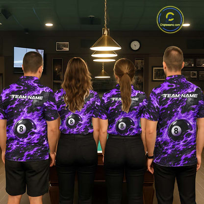 Fire Flame 8 Ball Pool Shirt For Men Custom Billiard League Team Polo & 1/4 Zip Jersey | Purple NYN4025
