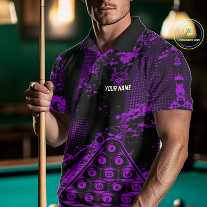 Purple Grunge Human Playing Ball Pool Men Polo & 1/4-Zip Shirt Custom Billiards Ball Jerseys NYN2431