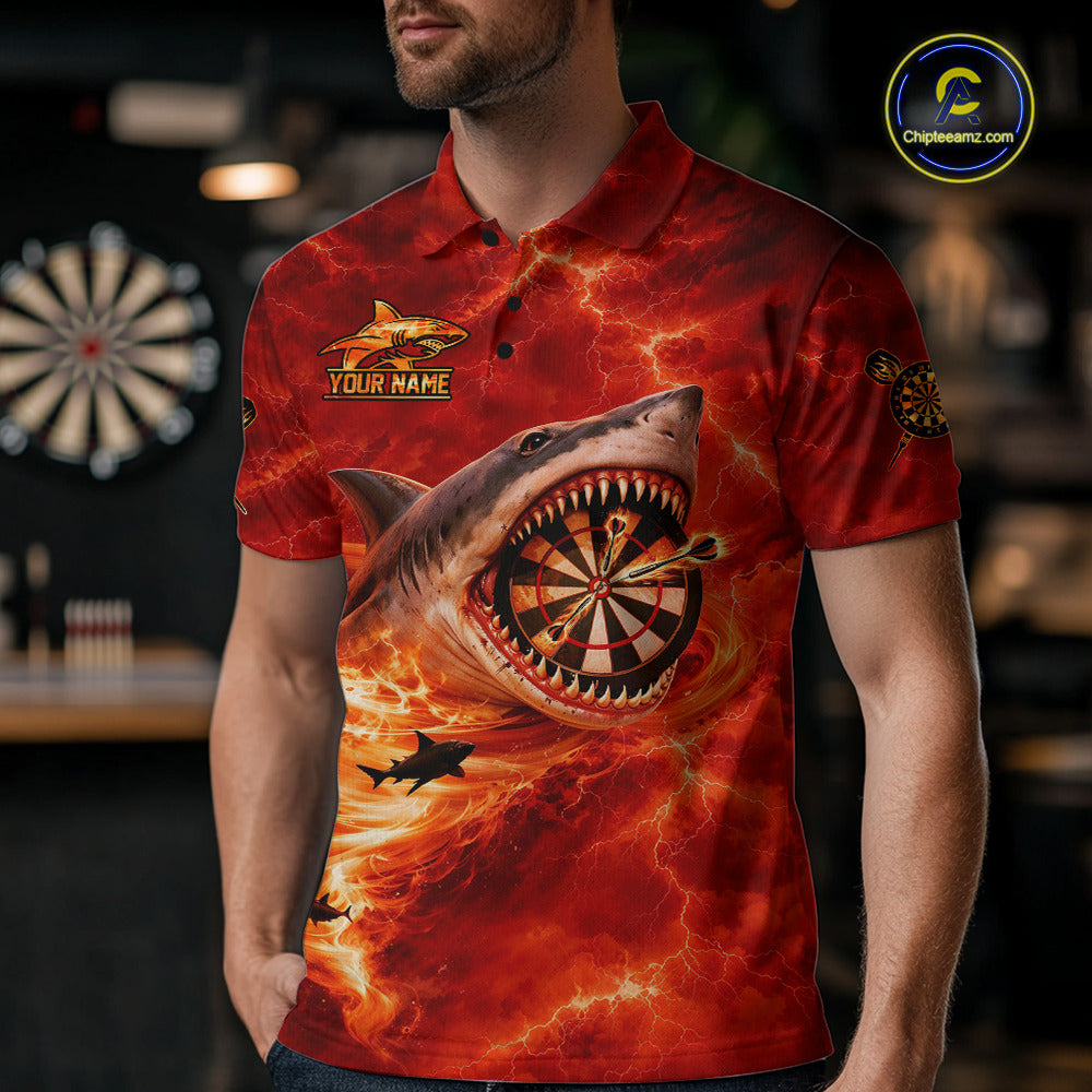 Fire Flame Tornado Funny Shark Darts Polo Shirt For Men Custom Dart Team League Shirt|Red NYN2657