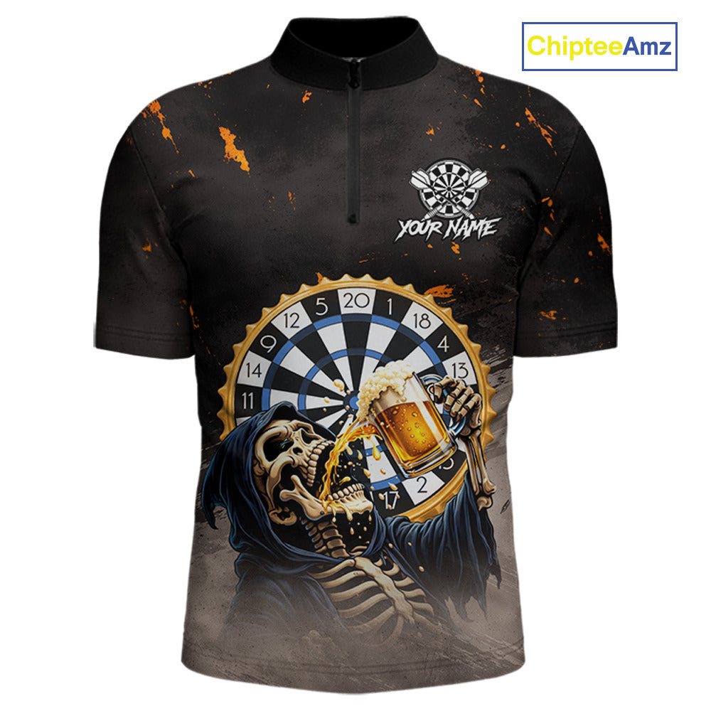 Personalized Funny Grim Reaper Play Darts & Beer Polo & 1/4-Zip Shirts For Men Dart Team Jerseys NYN2815