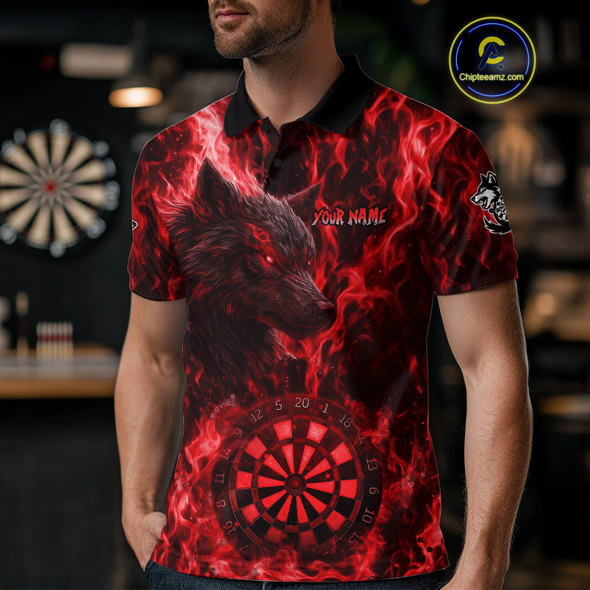 Custom Black Blue Flames Wolf Dartboard Dart Men Polo Shirt Outfits Dart Jerseys NYN1618