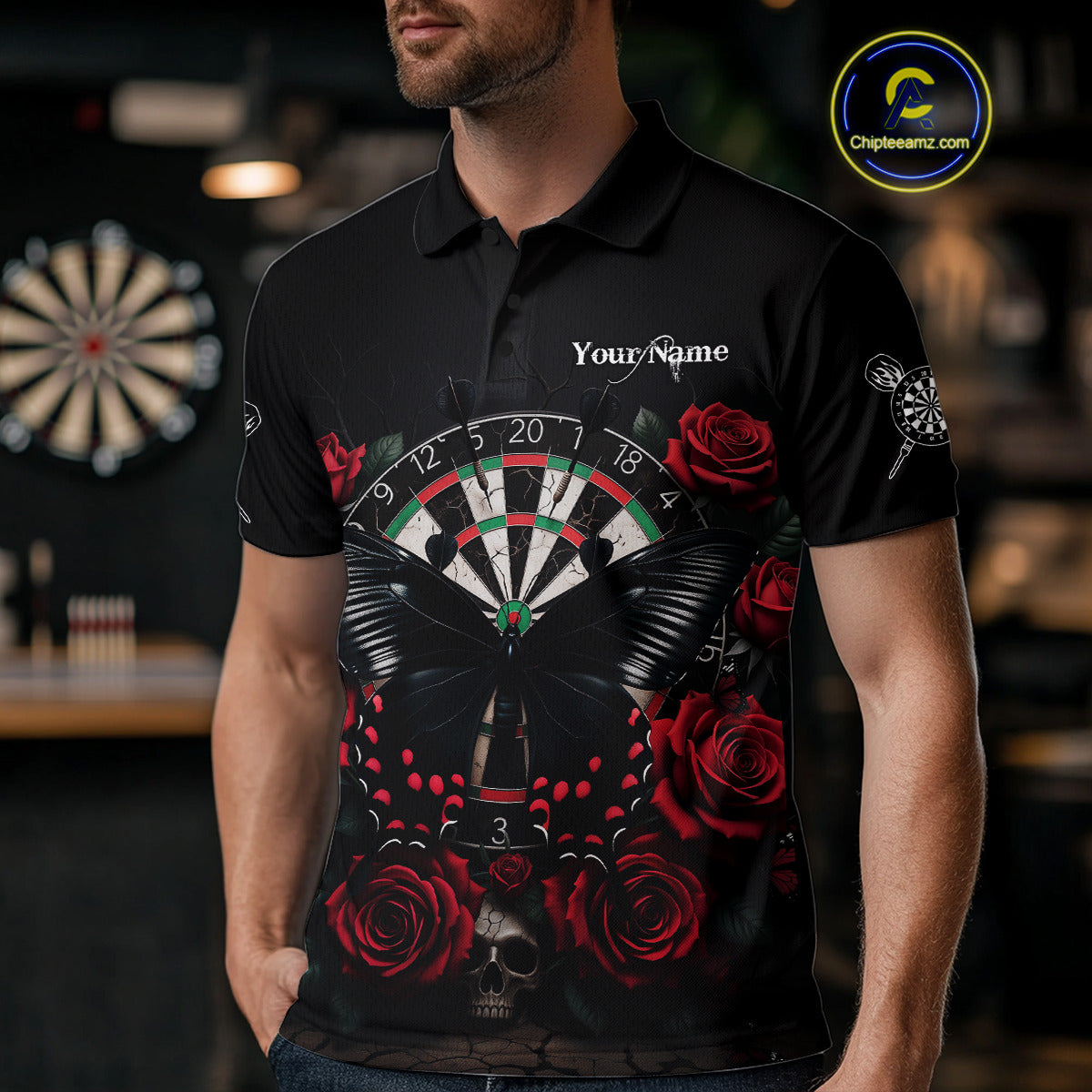 Red Roses Dartboard Butterfly Skull Custom Men Darts Polo Shirt Dart Team Jerseys NYN1910
