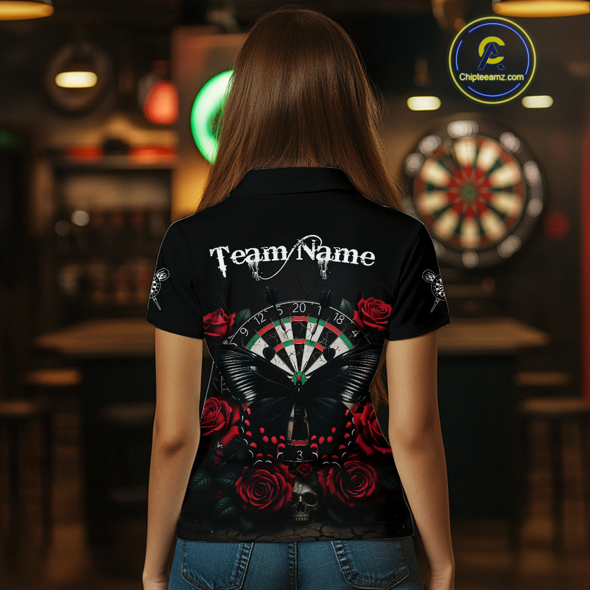 Red Roses Dartboard Butterfly Skull Custom Women Darts Polo Shirt Dart Team Jerseys NYN1910
