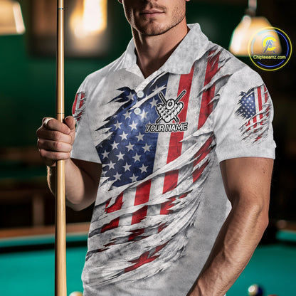 Personalized White Grunge American Flag Skull Pool 8 Ball Men's Billiard Team Shirt Billiard Attire NYN2671