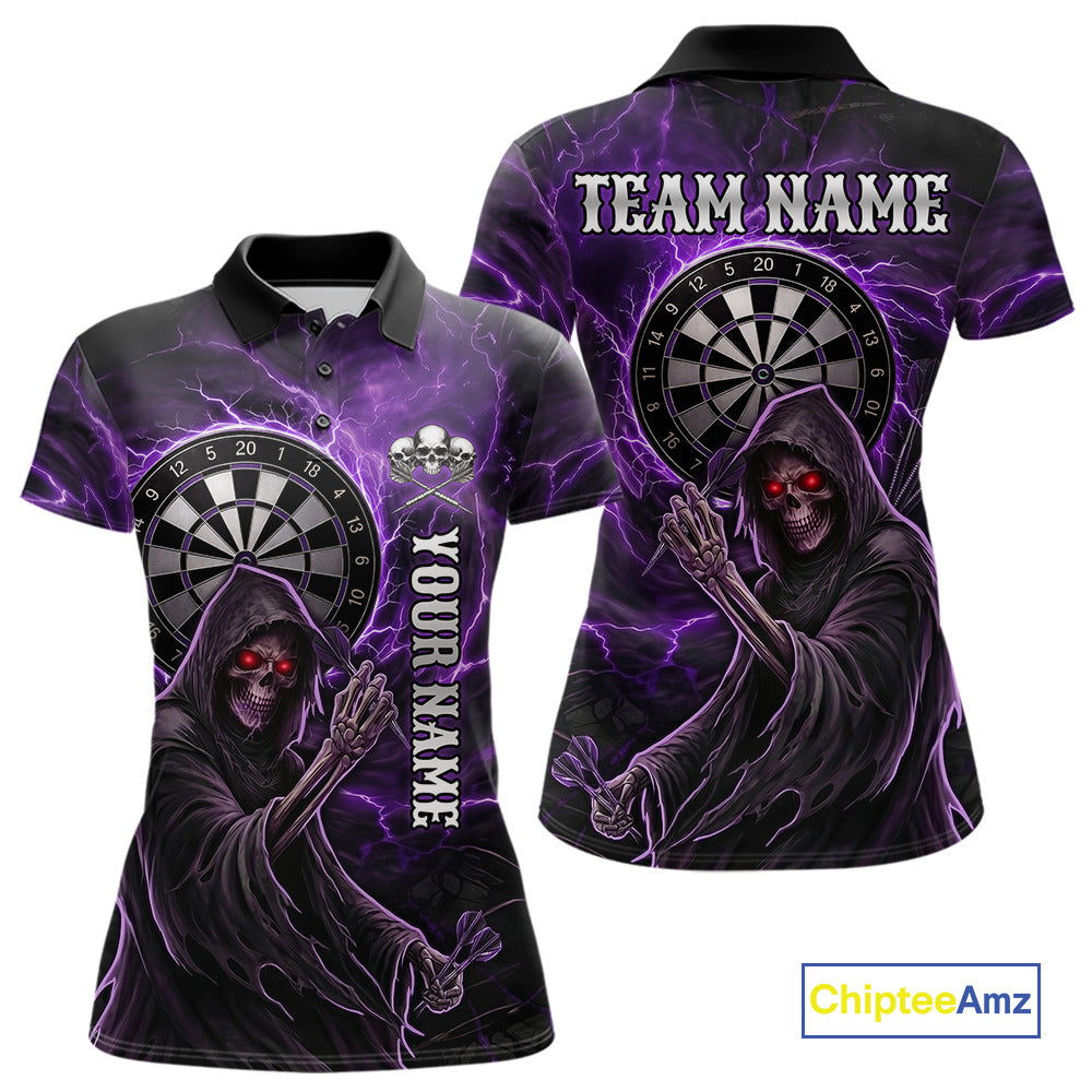 Grunge Purple Grim Reaper Women Darts Polo & 1/4-Zip Shirts Custom Thunder Lightning Darts Team Jersey NYN3037
