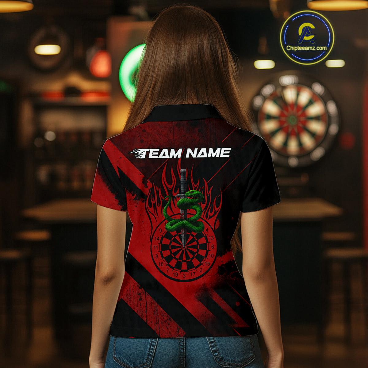 Custom Green Cobra Flames Dartboard Red Grunge Dart Women Polo Jerseys Dart Shirt Gifts NYN1642