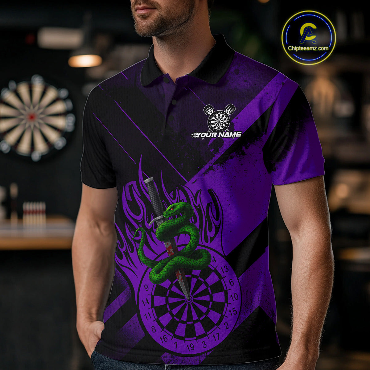 Custom Green Cobra Flames Dartboard Purple Grunge Dart Men Polo Jerseys Dart Shirt Gifts NYN1643