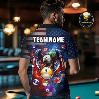 Blue & Red Flames Eagle 8 Ball 9 Ball Pool Billiard Shirt For Men Custom US Flag Billiard Jersey NYN3050