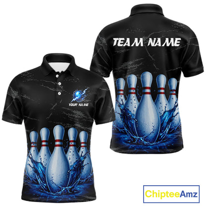 Men's blue splatter bowling pin polo shirt mockup custom grunge bowling team jersey bowling apparel