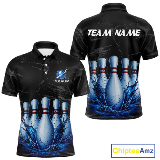 Men's blue splatter bowling pin polo shirt mockup custom grunge bowling team jersey bowling apparel