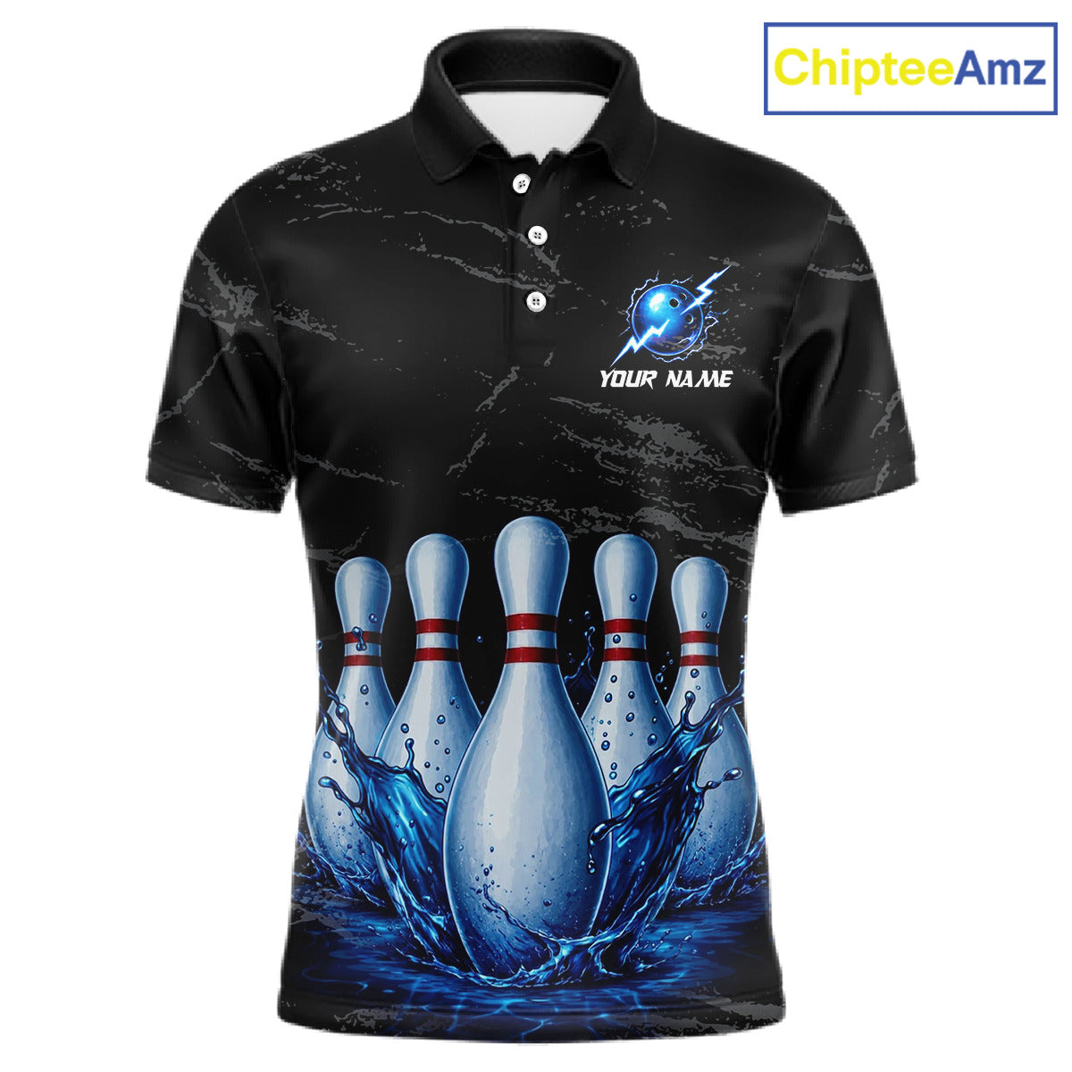 Men's blue splatter bowling pin polo shirt mockup custom grunge bowling team jersey bowling apparel