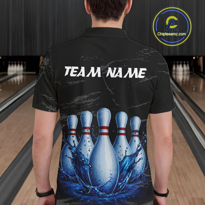 Male model wearing blue splatter bowling pin shirt custom bowling team jersey for league bowlers
