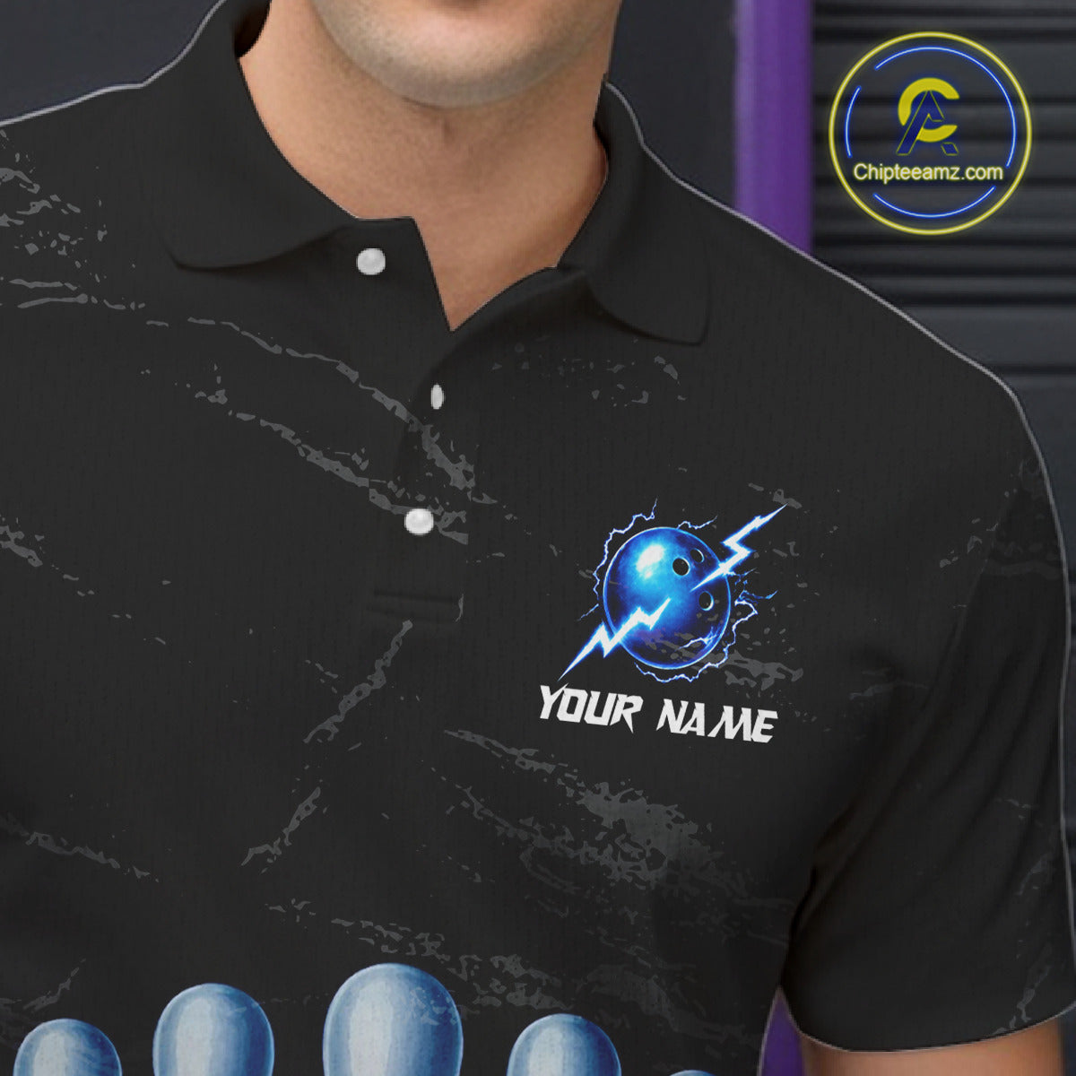 Male model wearing blue splatter bowling pin shirt custom bowling team jersey for league bowlers