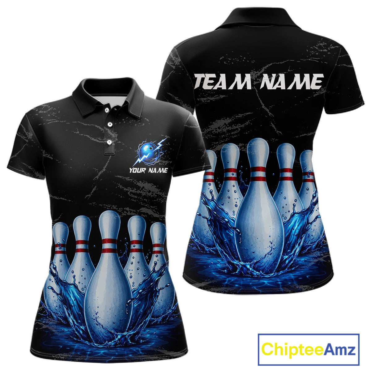 Women's blue splatter bowling pin polo shirt mockup custom grunge bowling team jersey bowling apparel