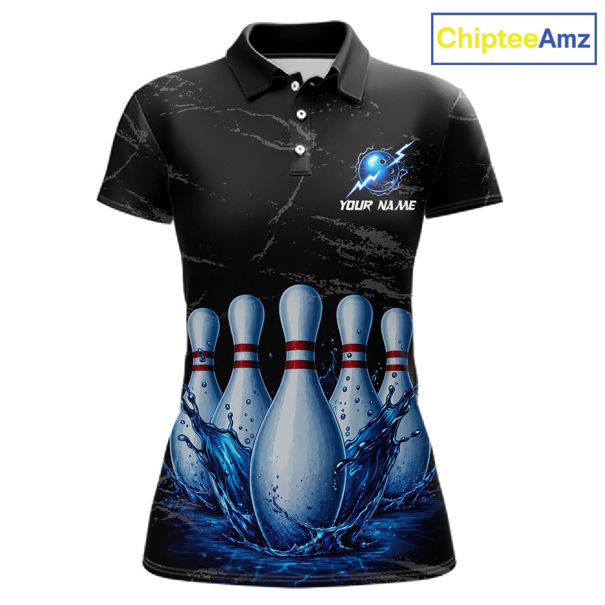 Women's blue splatter bowling pin polo shirt mockup custom grunge bowling team jersey bowling apparel