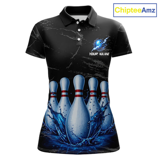 Women's blue splatter bowling pin polo shirt mockup custom grunge bowling team jersey bowling apparel