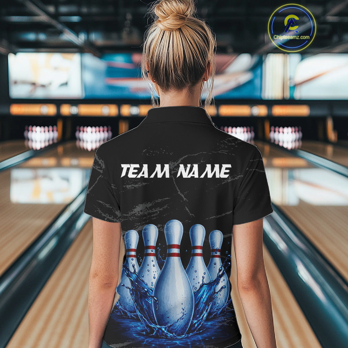Female model wearing blue splatter bowling pin shirt custom bowling team jersey for league bowlers