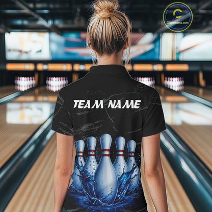 Female model wearing blue splatter bowling pin shirt custom bowling team jersey for league bowlers