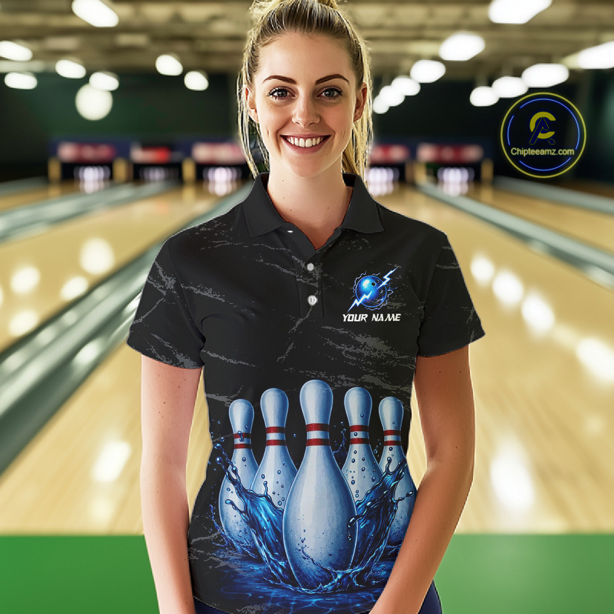 Female model wearing blue splatter bowling pin shirt custom bowling team jersey for league bowlers