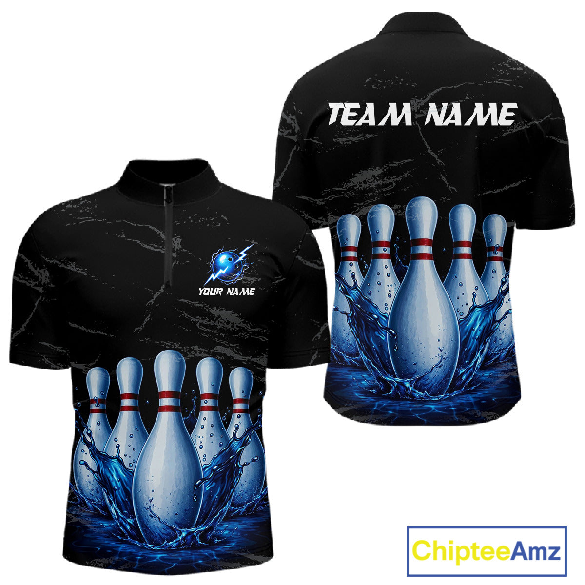 Men's blue splatter bowling pin quarter zip shirt mockup custom grunge bowling team jersey bowling apparel