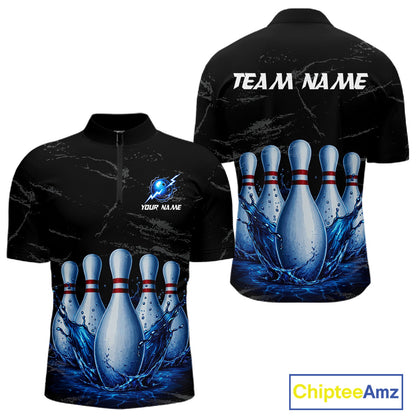 Men's blue splatter bowling pin quarter zip shirt mockup custom grunge bowling team jersey bowling apparel