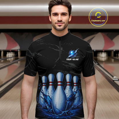 Male model wearing blue splatter bowling pin shirt custom bowling team jersey for league bowlers