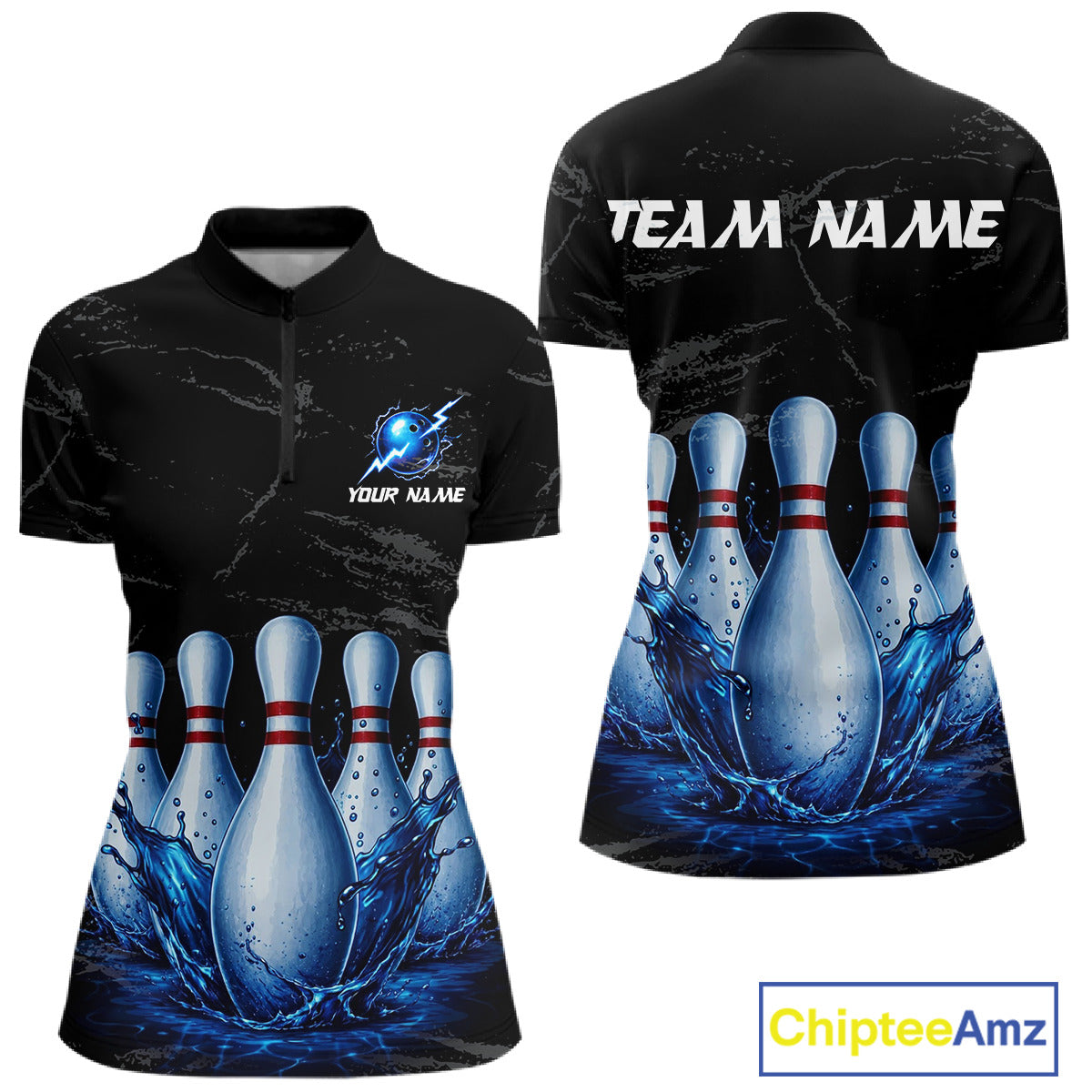 Women's blue splatter bowling pin quarter zip shirt mockup custom grunge bowling team jersey bowling apparel