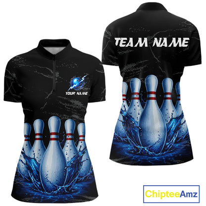 Women's blue splatter bowling pin quarter zip shirt mockup custom grunge bowling team jersey bowling apparel