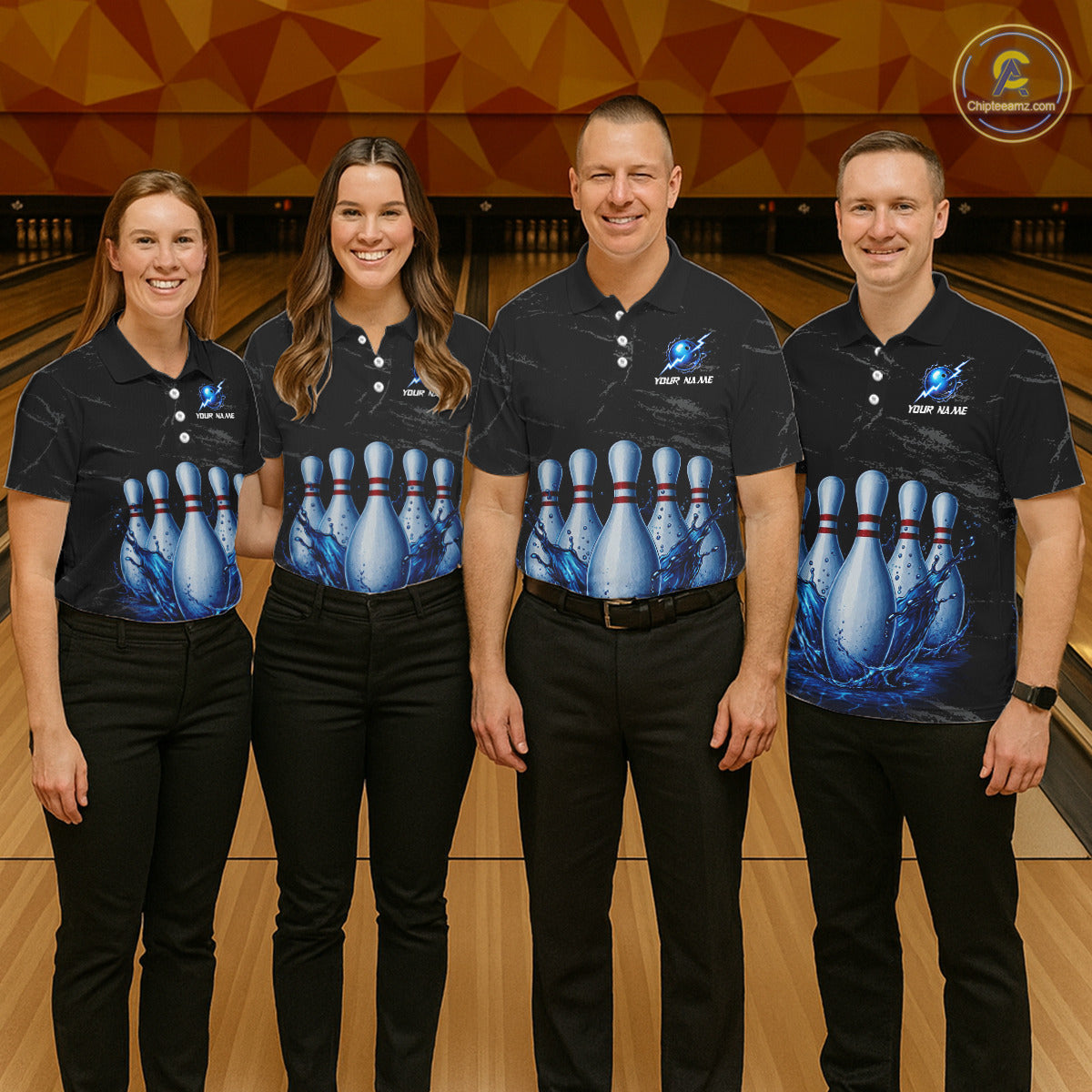 Bowling team wearing blue splatter bowling pin shirts custom grunge bowling team jerseys for tournaments