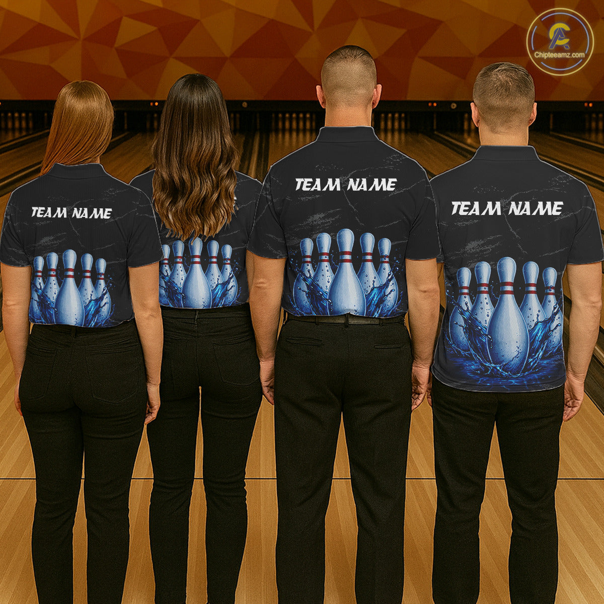 Bowling team wearing blue splatter bowling pin shirts custom grunge bowling team jerseys for tournaments