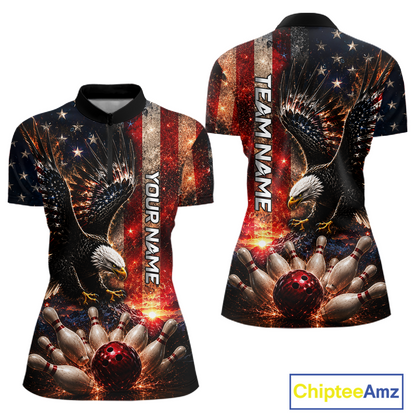 Woman wearing Customized Thunder US Flag Eagle Quarter-Zip Bowling Shirt with patriotic eagle, thunder lightning effects, personalized team logo, quick-dry bowling jersey, athletic performance apparel, USA bowling tournament uniform, custom league shirt, American heritage sportswear.