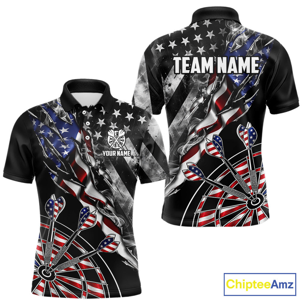 Personalized Smoke US Flag men's dart polo shirt custom patriotic dart team uniform
