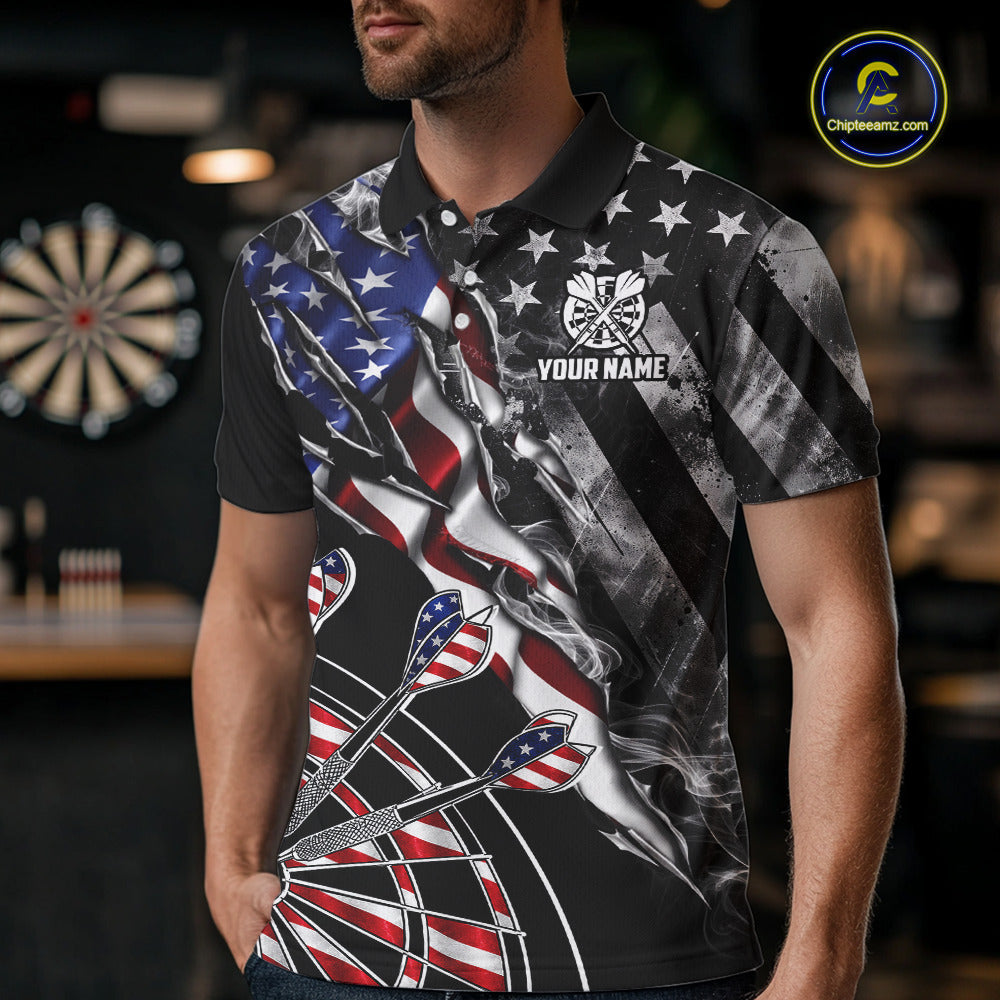 Male dart player wearing personalized Smoke US Flag patriotic dart jersey