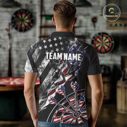 Male dart player wearing personalized Smoke US Flag patriotic dart jersey