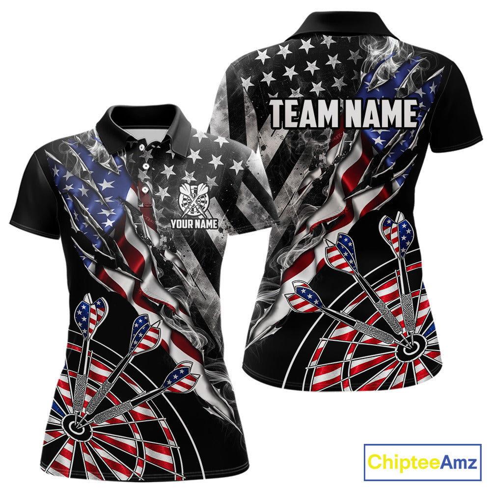 Personalized Smoke US Flag women's dart polo shirt custom patriotic dart team uniform, personalized dart jersey, dart league apparel, tournament dart shirt