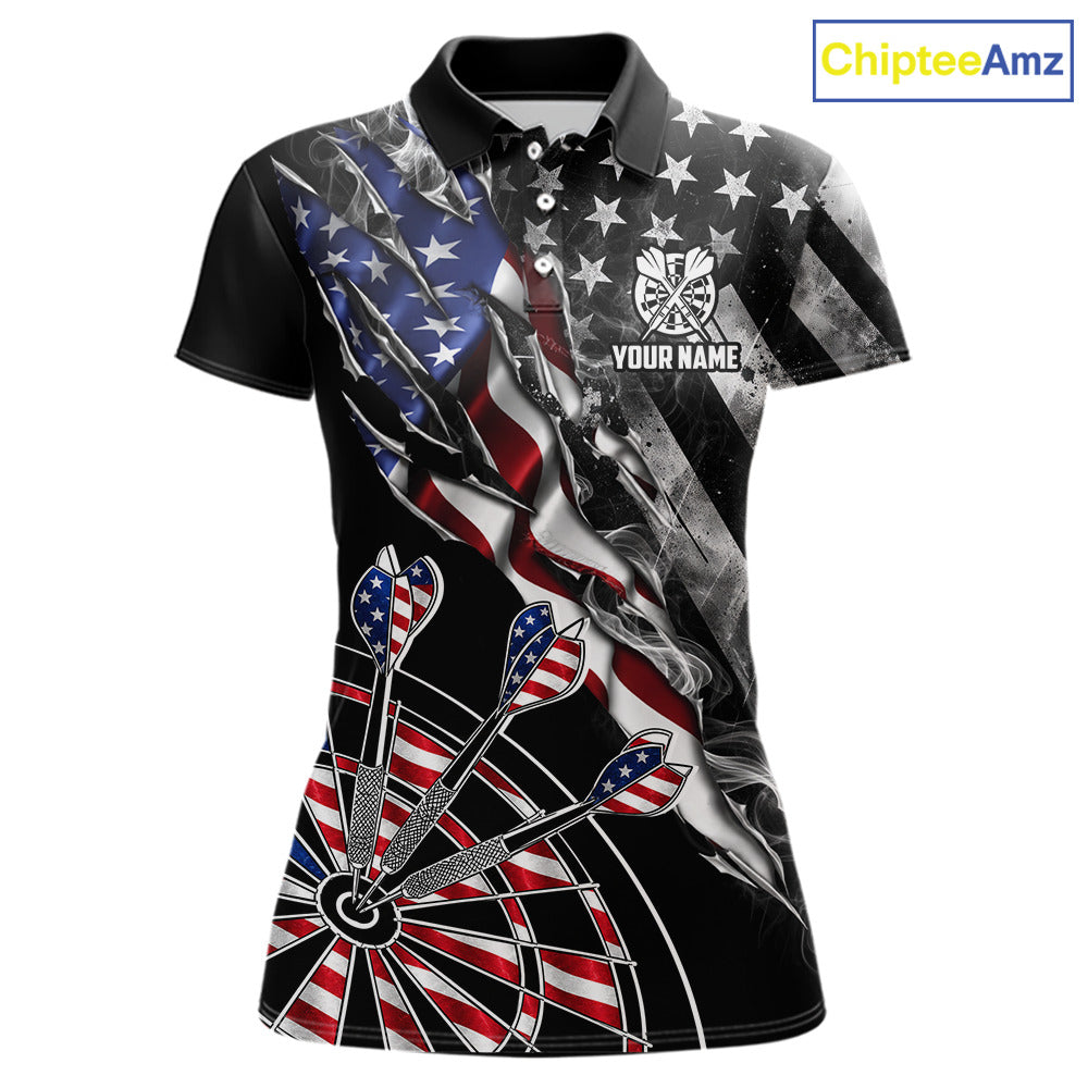 Personalized Smoke US Flag women's dart polo shirt custom patriotic dart team uniform, personalized dart jersey, dart league apparel, tournament dart shirt