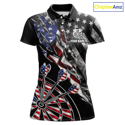 Personalized Smoke US Flag women's dart polo shirt custom patriotic dart team uniform, personalized dart jersey, dart league apparel, tournament dart shirt