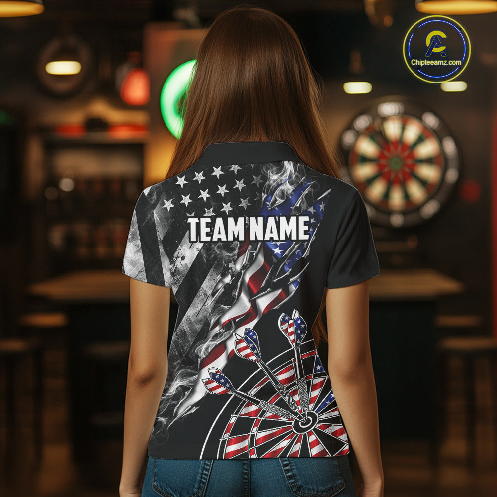 Female dart player wearing personalized Smoke US Flag patriotic dart jersey during dart tournament competition