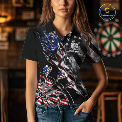 Female dart player wearing personalized Smoke US Flag patriotic dart jersey during dart tournament competition
