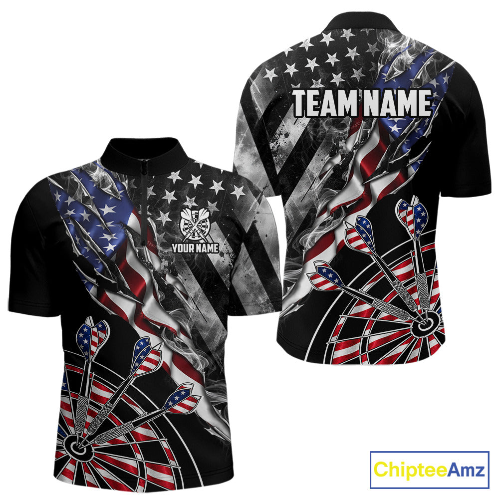 Personalized Smoke US Flag men's quarter zip dart shirt patriotic team jersey