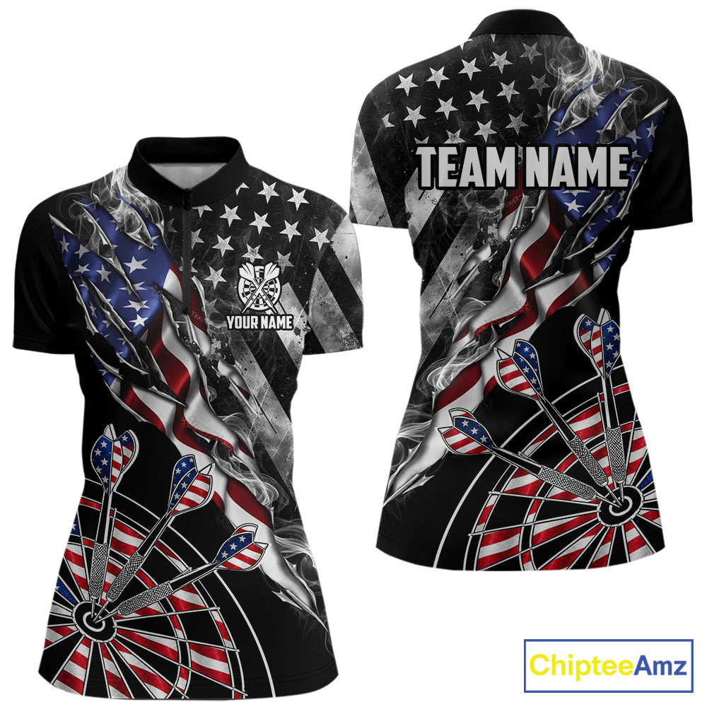 Personalized Smoke US Flag women's quarter zip dart shirt patriotic dart team jersey, custom dart uniform, tournament dart apparel