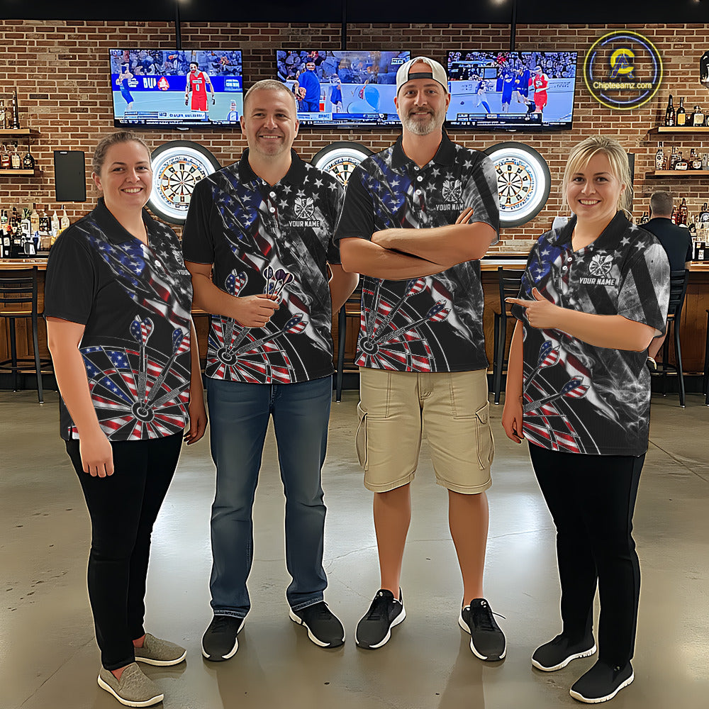 Men's dart team wearing personalized Smoke US Flag patriotic dart uniforms for league tournament