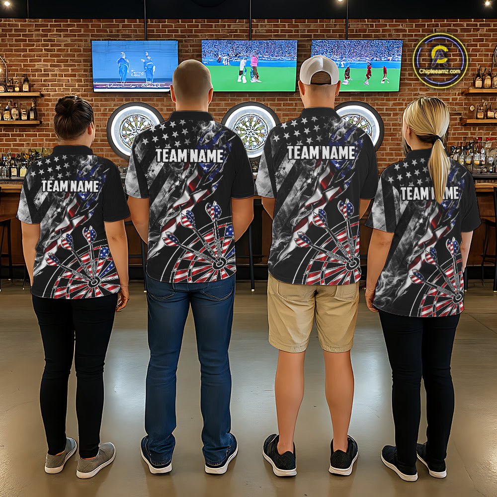 Men's dart team wearing personalized Smoke US Flag patriotic dart uniforms for league tournament