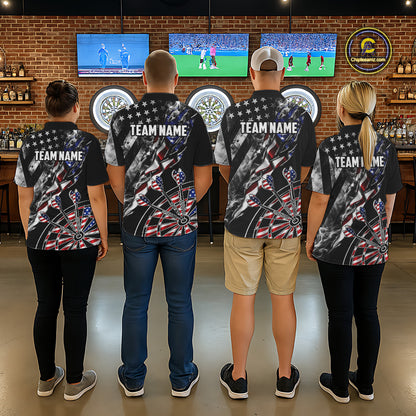 Men's dart team wearing personalized Smoke US Flag patriotic dart uniforms for league tournament