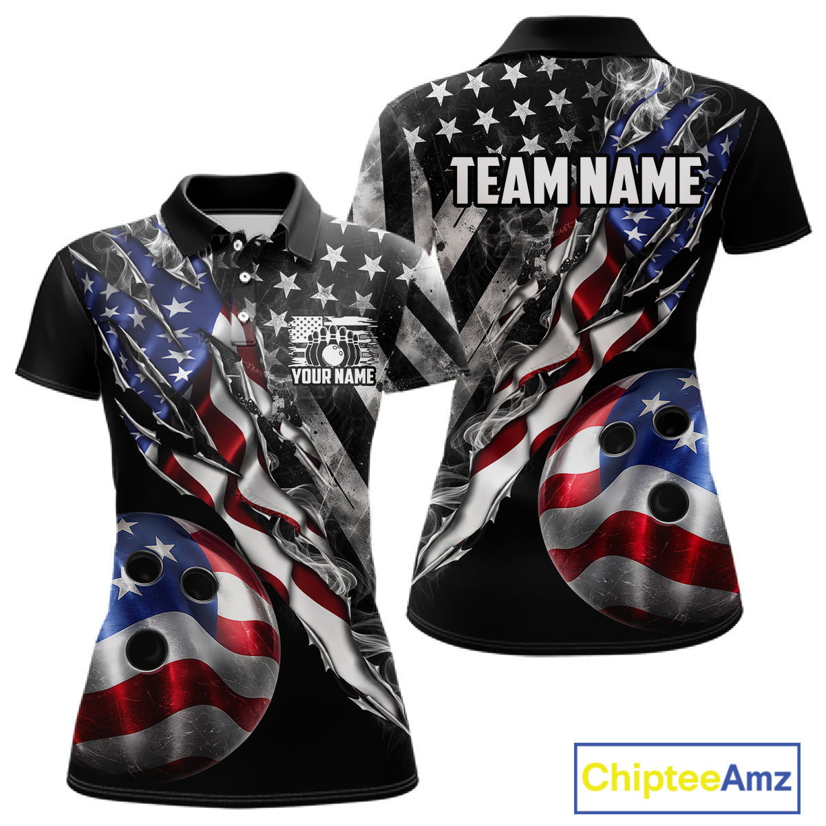 Personalized Smoke US Flag women's bowling polo shirt custom patriotic bowling team uniform, personalized bowling jersey, ladies bowling league apparel, tournament bowling shirt