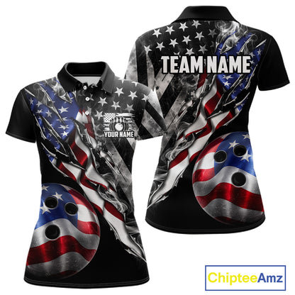Personalized Smoke US Flag women's bowling polo shirt custom patriotic bowling team uniform, personalized bowling jersey, ladies bowling league apparel, tournament bowling shirt