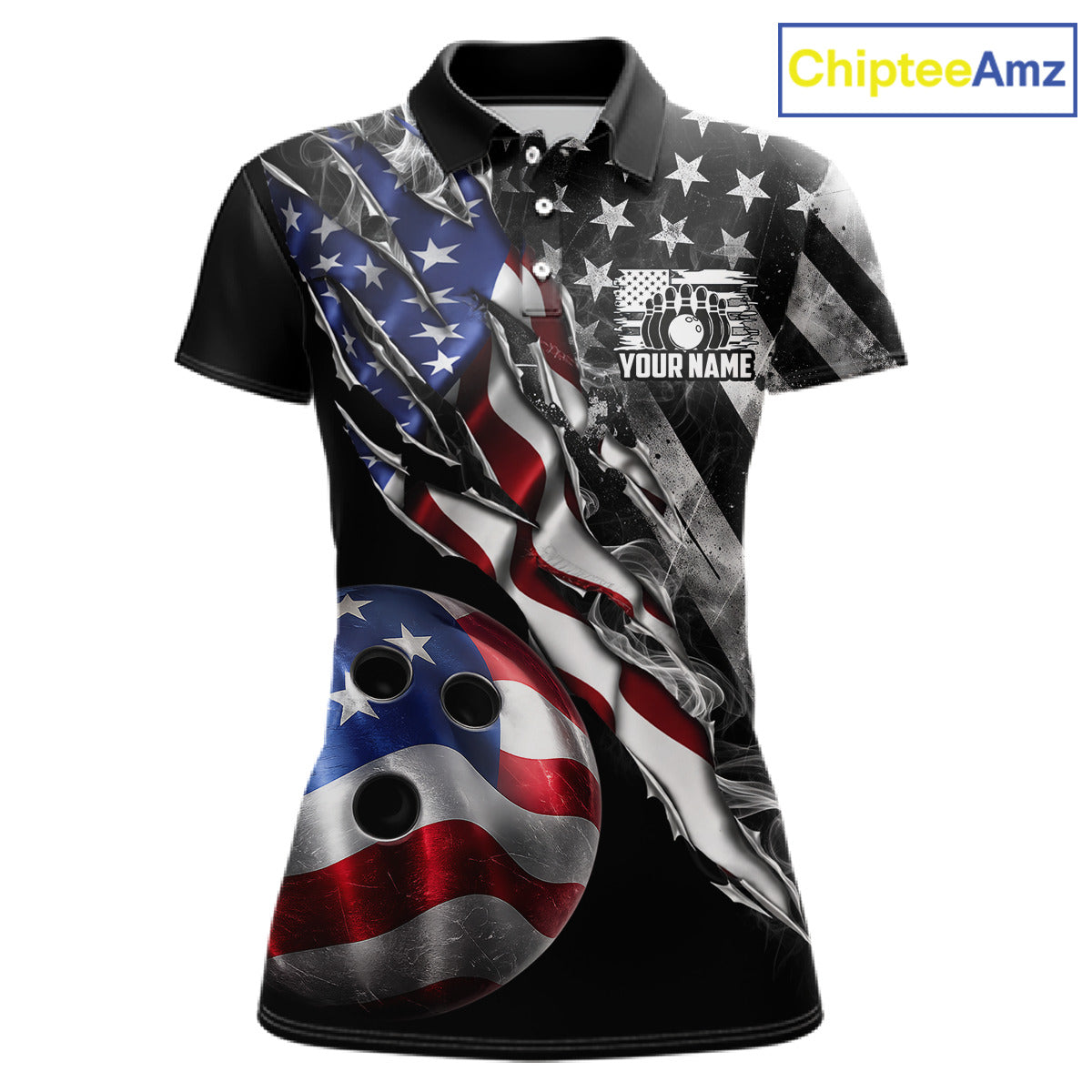 Personalized Smoke US Flag women's bowling polo shirt custom patriotic bowling team uniform, personalized bowling jersey, ladies bowling league apparel, tournament bowling shirt